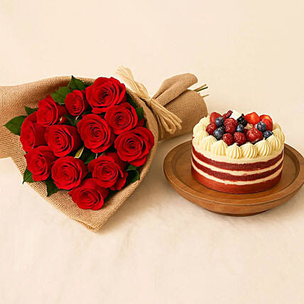 12 Red Roses Bouquet & Half Kg Red Velvet Cake Combo: 