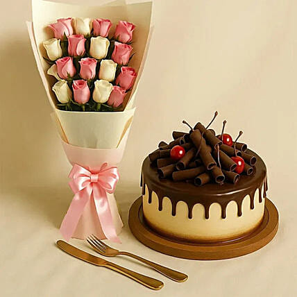 Pink White Roses & Black Forest Cake: Send Flowers to Qatar