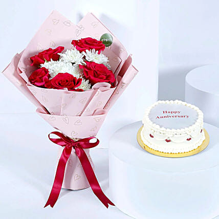 Anniversary Flower Bouquet N Candle Cake: Send Anniversary Cake To Qatar 