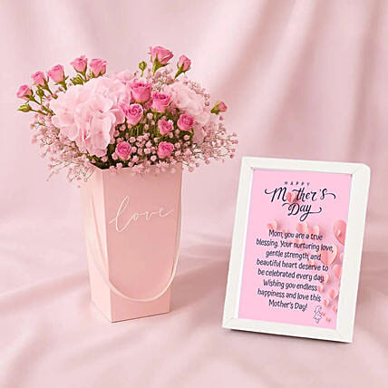 Pink Hydrangea & Roses Arrangement with Frame | Mother's Day: Send Mothers Day Gifts to Qatar