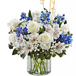 Blue and White Flower Arrangement With Balloons