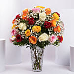 Bunch of 50 Assorted Roses In Glass Vase