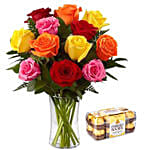 Dozen Mix Roses in a Glass Vase With Ferrero Rocher