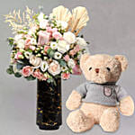 Exquisite Mixed Flowers In Black Vase With Teddy Bear