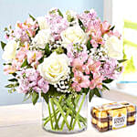 Pink and White Floral In Glass Vase With Ferrero Rocher