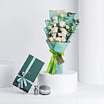 Elegant White Roses Bouquet with Perfume Oil & Bakhoor