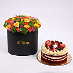 Mixed Color Roses Flower Box with Cake