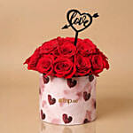 Valentine 15 Roses in a Heart Printed Round Box With Topper