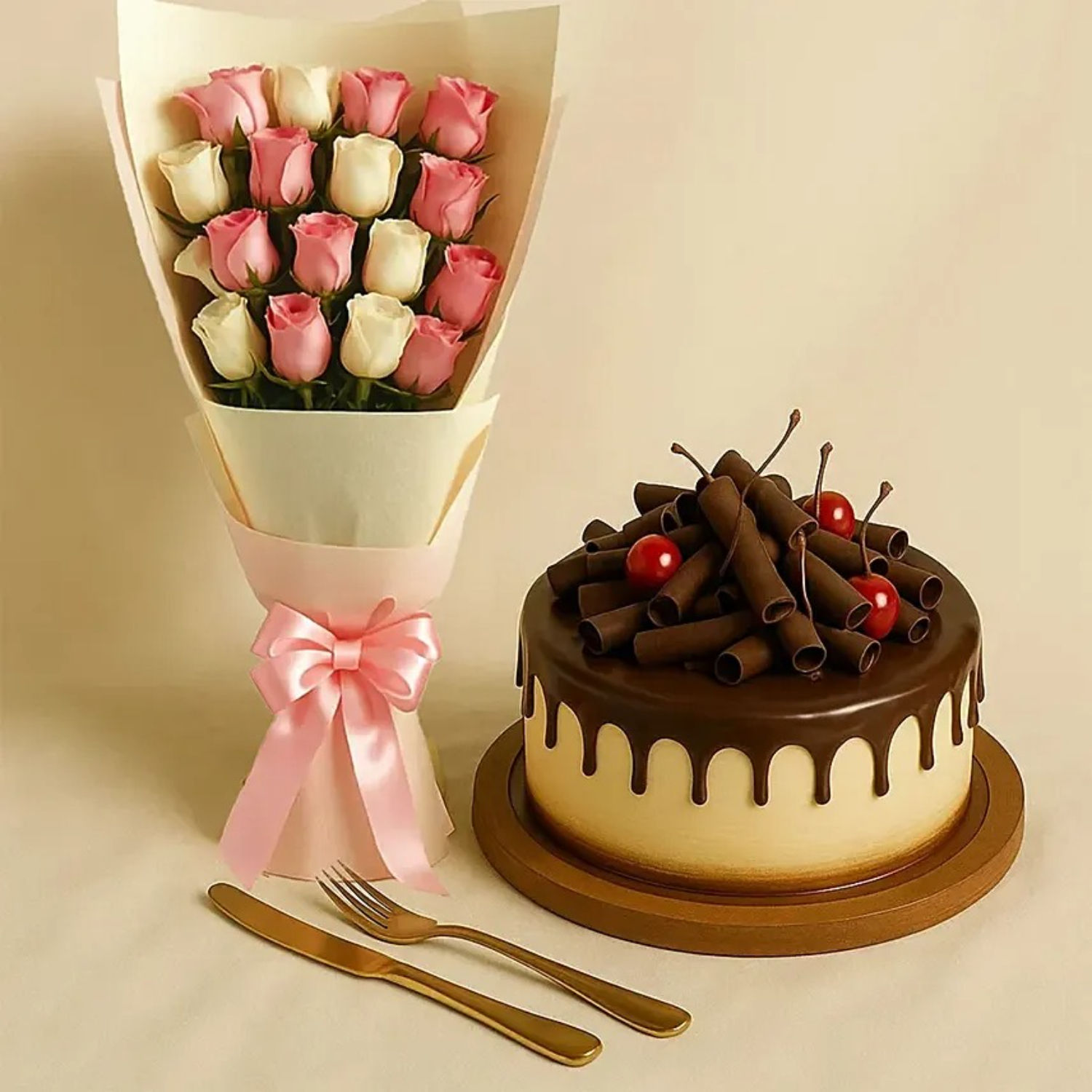 Online Pink White Roses & Black Forest Cake Gift Delivery in Qatar - Fnp.ae