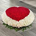 White and Red Roses Heart Arrangement in Cane Basket