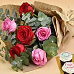 3 Pink 3 Red Roses Valentine Bouquet With Cupcake