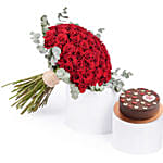 50 Roses Bouquet with Valentines Chocolate Cake Combo