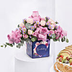Birthday Roses Arrangement with Cake