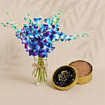 Blue Orchids Bouquet With Tin Cake