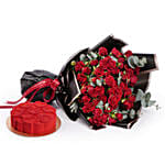 Bouquet of Baby Roses with Valentines Red Velvet Cake Combo