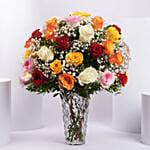Bunch of 50 Assorted Roses In Glass Vase
