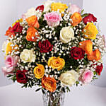 Bunch of 50 Assorted Roses In Glass Vase