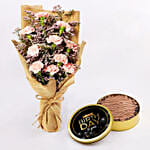 Charming Pink Carnations With Happy Birthday Cake In Tin Box