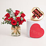 Chocolate in Heart shape Box with Roses in vase