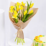 Daffodils withTulips Birthday Flower Bouquet With Cake