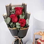 Designer Cake and Red Roses Bouquet