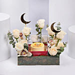 باقة ورد أبيض مع مونو كيك الشوكولاتة في بوكس أكريليك