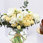 Elegant Rose And Lisianthus Bloom Bowl With Decadent Fudge Cake