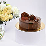 Elegant Rose And Lisianthus Bloom Bowl With Decadent Fudge Cake