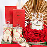 بوكس هدايا شوكولاتة وورد مع تمثال الكريستال مع 2 شمعة