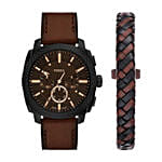 Fossil Brown Leather Watch And Bracelet Set