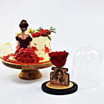 كيكة ريد فلفيت لذيذة مع وردة حمراء طويلة العمر وصورة محفورة