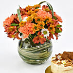 تشيز كيك شهي بنكهة اللوتس مع مزهرية ورود رائعة