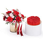 Mix Roses in Golden Vase with Valentines Red Velvet Cake Combo