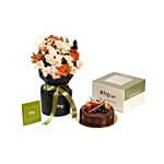 Peach Roses N Lisianthus Flowers With Chocolate Truffle Cake
