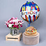 Personalised vase with floral arrangement With Cake & Balloon