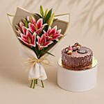 Pink Lilies Elegance Bouquet With Rocher Cake