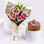 Pink Lilies Elegance Bouquet With Rocher Cake