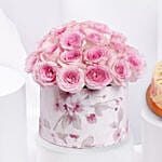 Pink Roses Splendour Box With Heart Shape Chocolate Cake