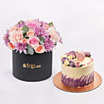 Premium Black Box Flower Arrangement With Chocolate Macaron Cake