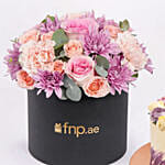 Premium Black Box Flower Arrangement With Chocolate Macaron Cake