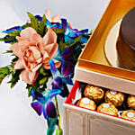 Premium Box Of Fudge Cake Flowers And Chocolates