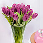 Purple Tulips In Gold Vase With Chocolate Cake