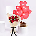 Red Heart Shape Balloons With Flowers and Fudge Cake
