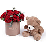Red Roses in Box with Brown Teddy Combo