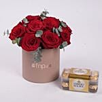 Red Roses In Box With Ferrero Rocher Combo