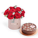 Red Roses in Box with Valentines Chocolate Cake Combo