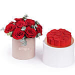 Red Roses in Box with Valentines Red Velvet Cake Combo