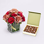 Rose and Carnation Flower Vase with Chocolates