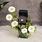 Titan Raga Rose Gold Dial Watch for Her Elegant Gift in a Glass Vase With Flowers