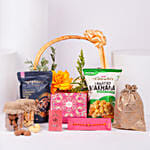 Traditional Mauli Rakhi Hamper In Rustic Round Basket